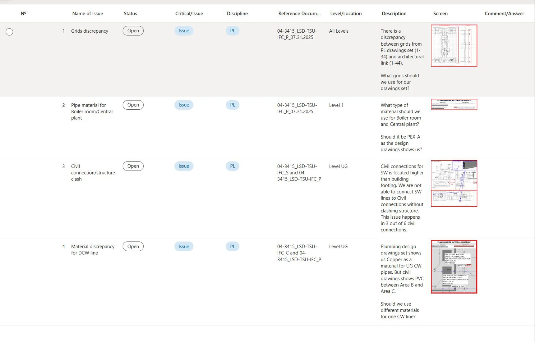 Constructability Issue Log and Reporting